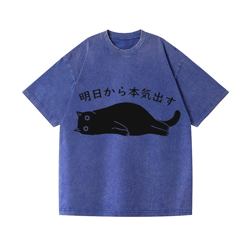 BLACK CAT GET SERIOUS FROM TOMORROW ONWARDS VINTAGE WASH JAPANESE DESIGN T-SHIRT