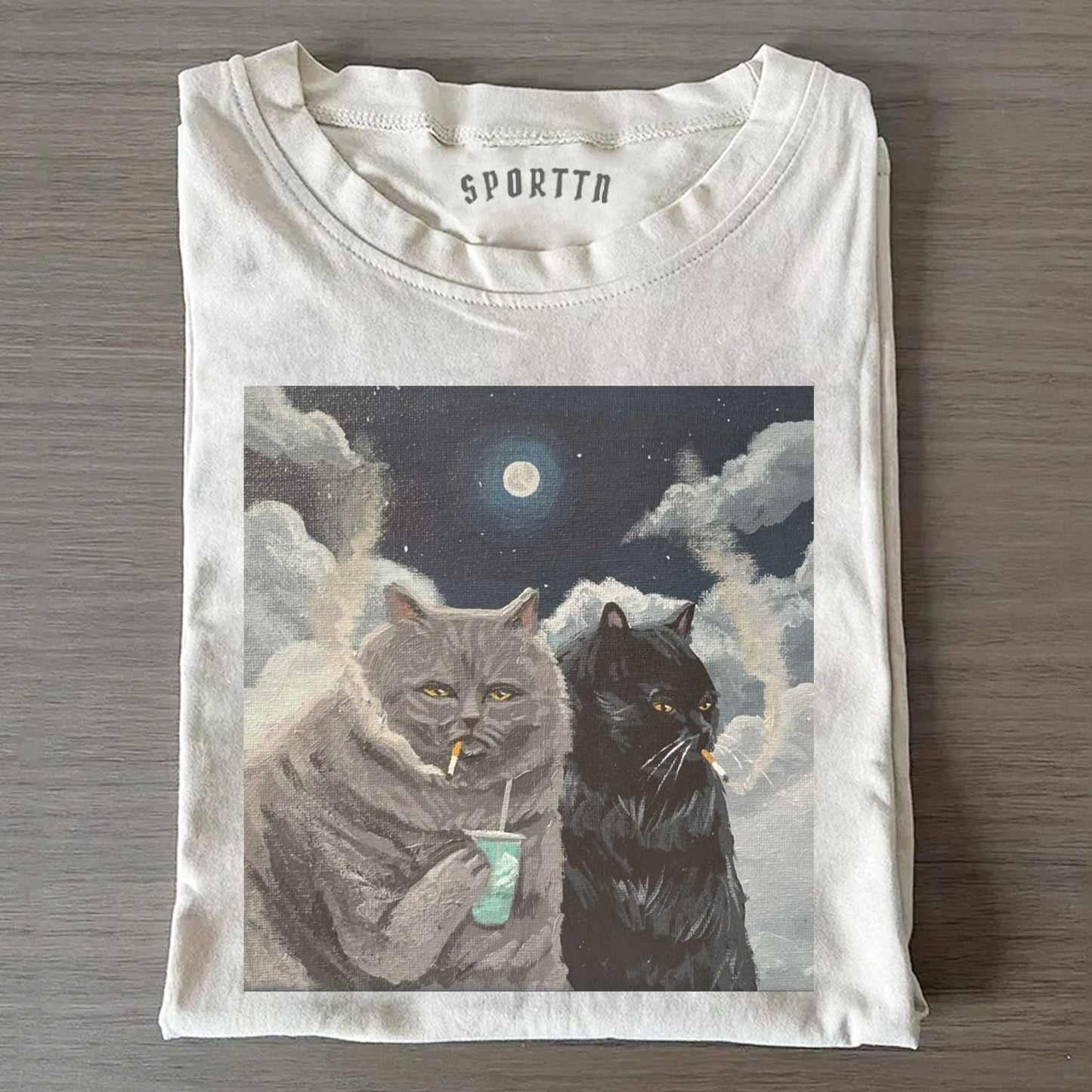 CATS SMOKING UNDER THE MOON T-SHIRT