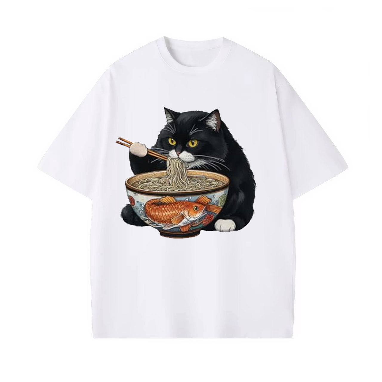FAT CAT EATING RAMEN WASHED T-SHIRT