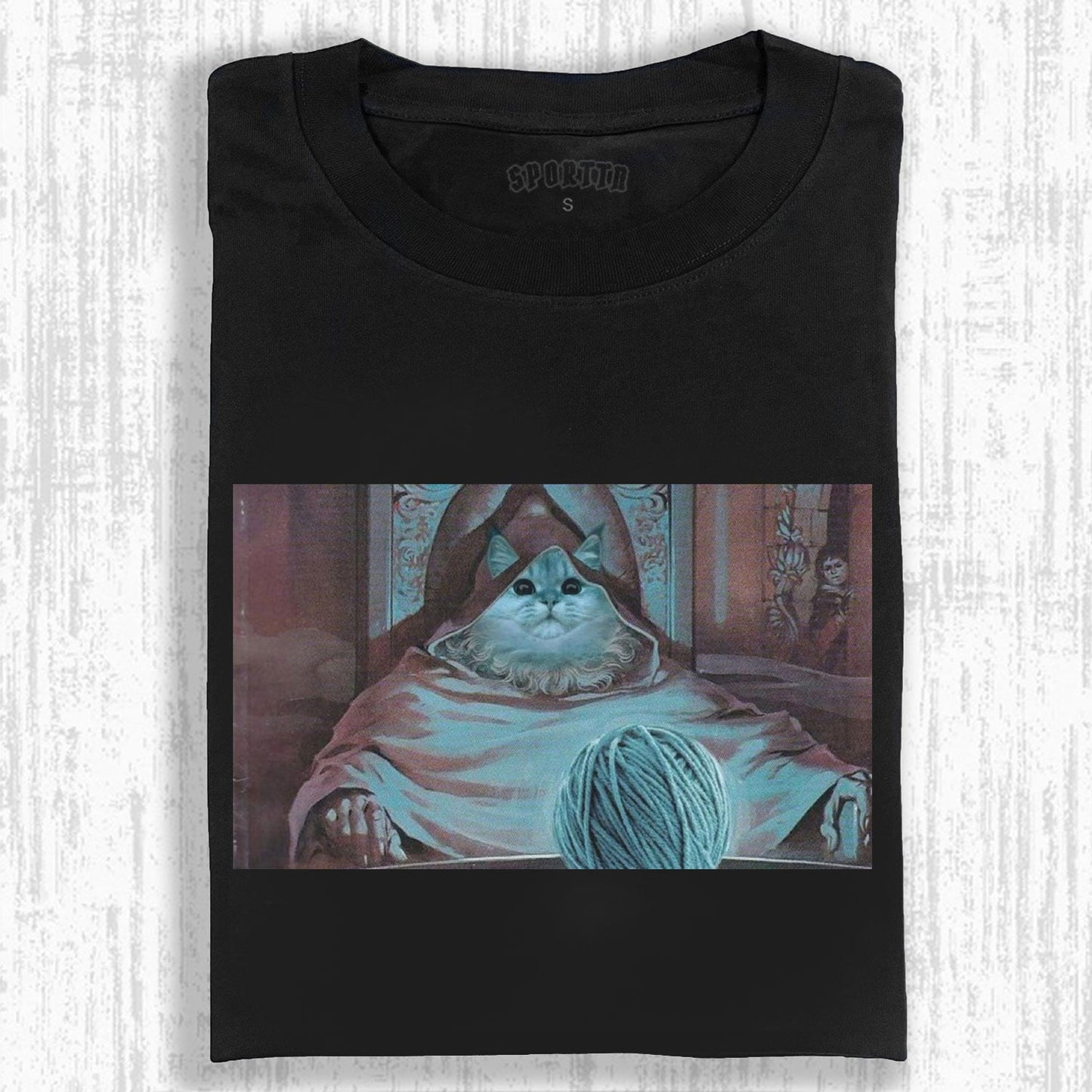 FUNNY T - SHIRT WITH ADORABLE CAT AS MYSTERIOUS ELDER AND YARN BALL
