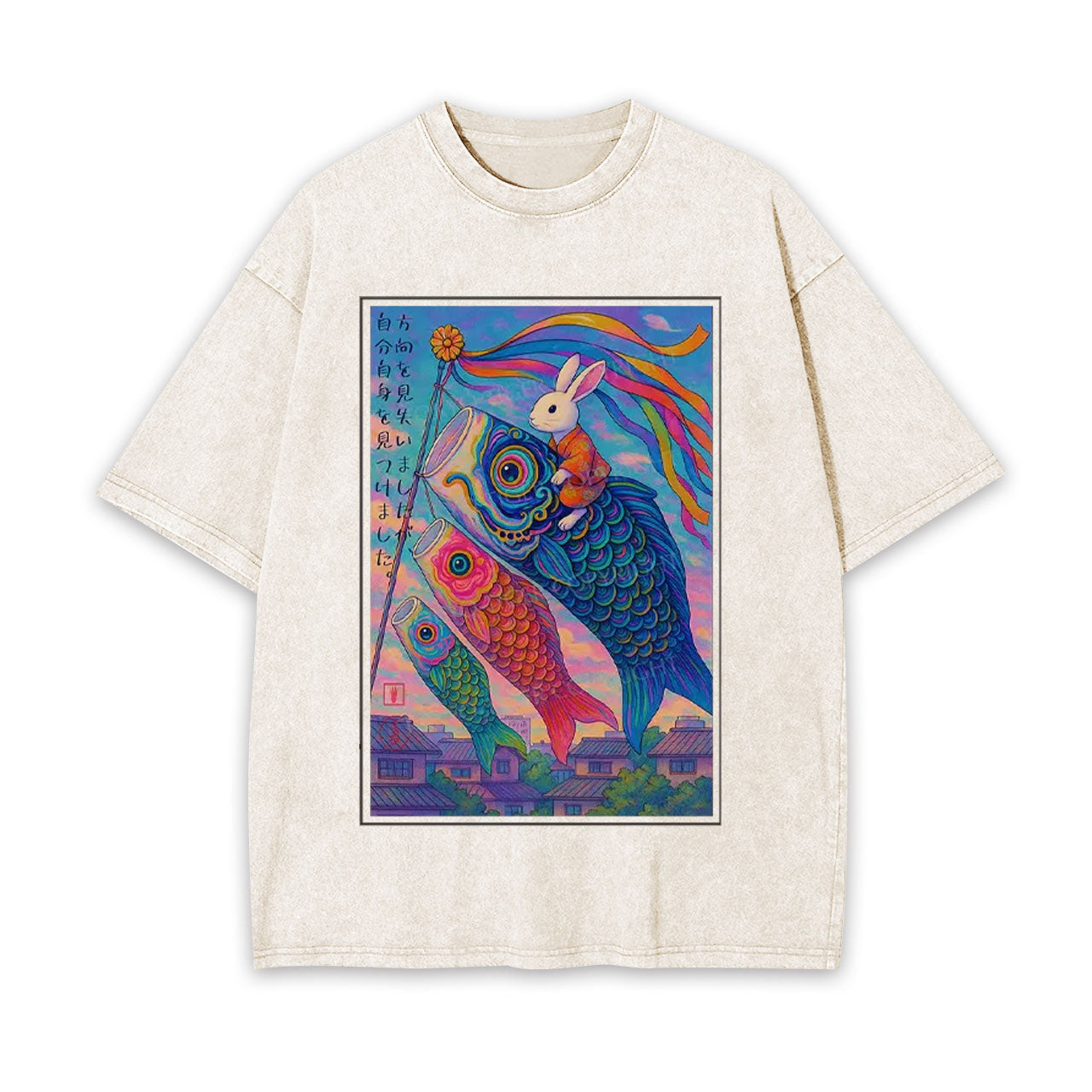 UKIYOE RABBIT RIDE CARP STREAMER POSTER WASHED T-SHIRT