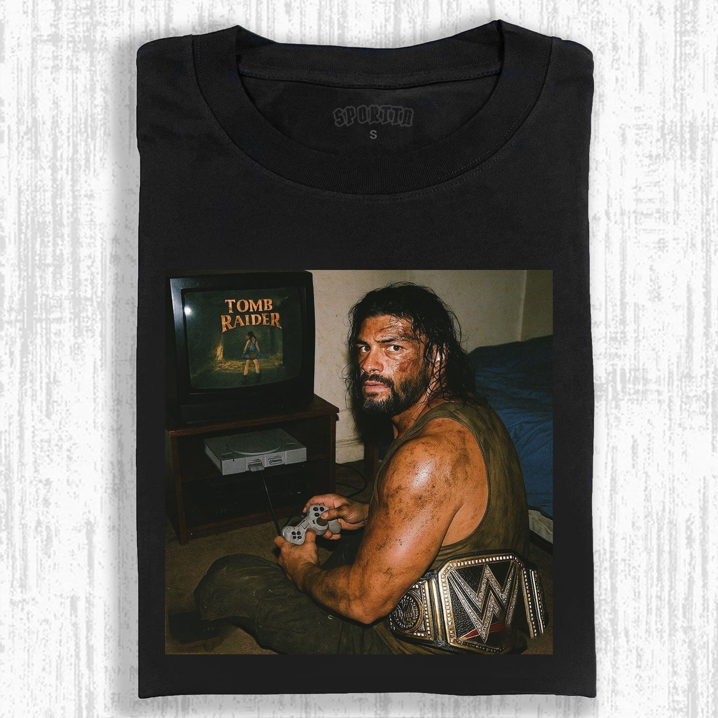 VINTAGE - STYLE WWE CHAMPION PLAYING TOMB RAIDER THEMED T-SHIRT