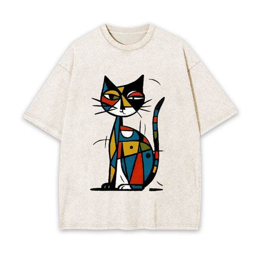 ABSTRACT JAPANESE CAT WASHED T-SHIRT 