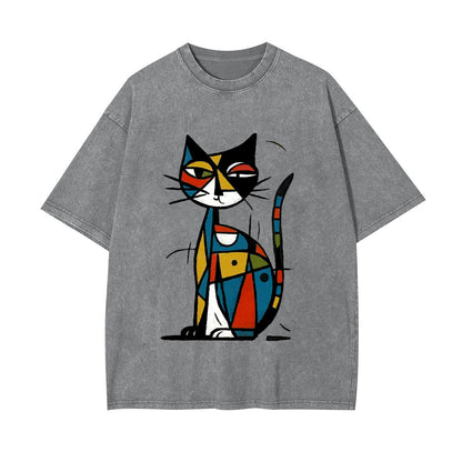 ABSTRACT JAPANESE CAT WASHED T-SHIRT 