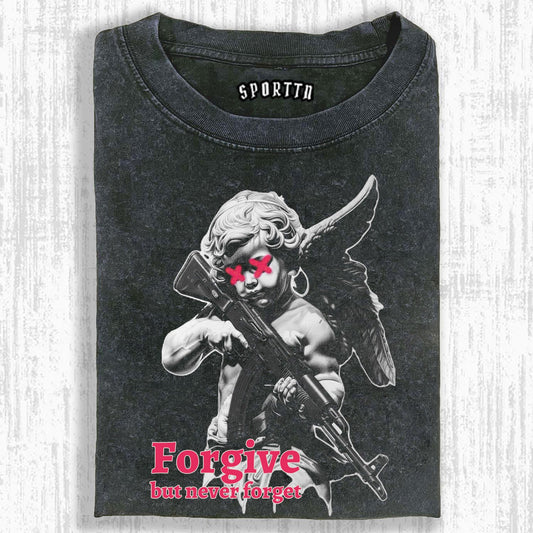 ANGEL - WITH - GUN PRINTED T - SHIRT FORGIVE BUT NEVER FORGET