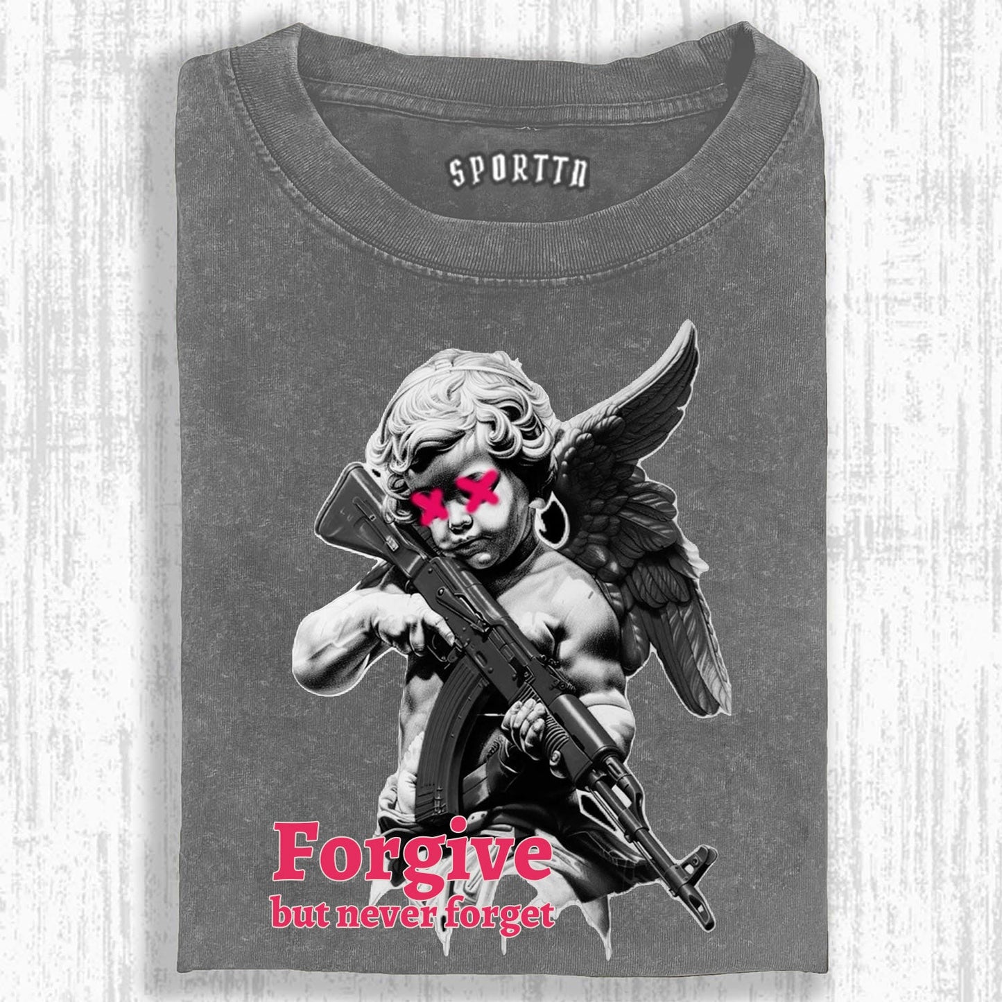 ANGEL - WITH - GUN PRINTED T - SHIRT FORGIVE BUT NEVER FORGET