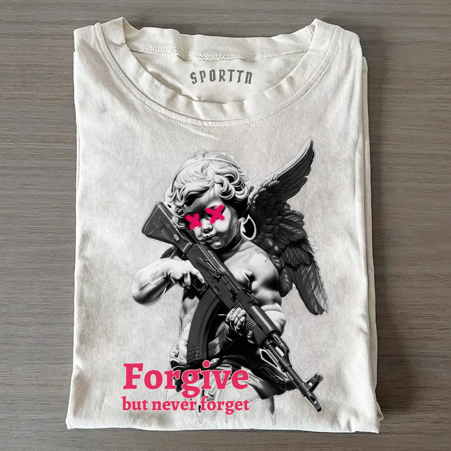 ANGEL - WITH - GUN PRINTED T - SHIRT FORGIVE BUT NEVER FORGET