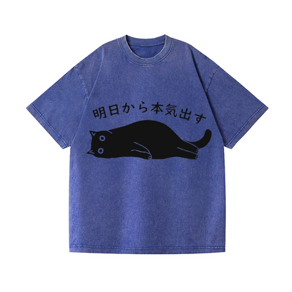 BLACK CAT GET SERIOUS FROM TOMORROW ONWARDS VINTAGE WASH JAPANESE DESIGN T-SHIRT 