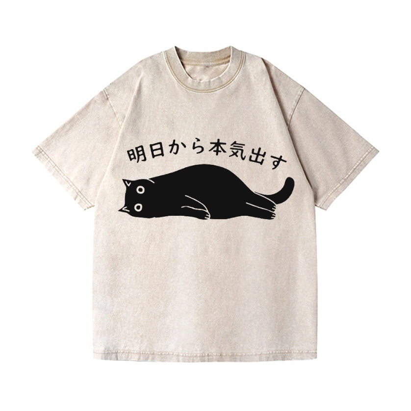 BLACK CAT GET SERIOUS FROM TOMORROW ONWARDS VINTAGE WASH JAPANESE DESIGN T-SHIRT 