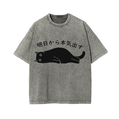 BLACK CAT GET SERIOUS FROM TOMORROW ONWARDS VINTAGE WASH JAPANESE DESIGN T-SHIRT 