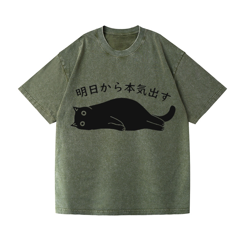BLACK CAT GET SERIOUS FROM TOMORROW ONWARDS VINTAGE WASH JAPANESE DESIGN T-SHIRT 