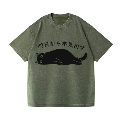 BLACK CAT GET SERIOUS FROM TOMORROW ONWARDS VINTAGE WASH JAPANESE DESIGN T-SHIRT 