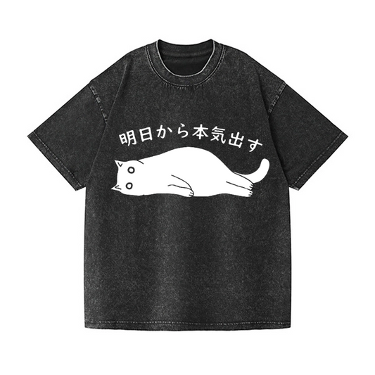 BLACK CAT GET SERIOUS FROM TOMORROW ONWARDS VINTAGE WASH JAPANESE DESIGN T-SHIRT 