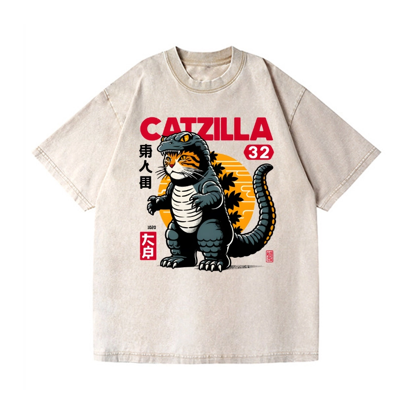 CAT KAIJU VINTAGE WASH JAPANESE DESIGN T-SHIRT 