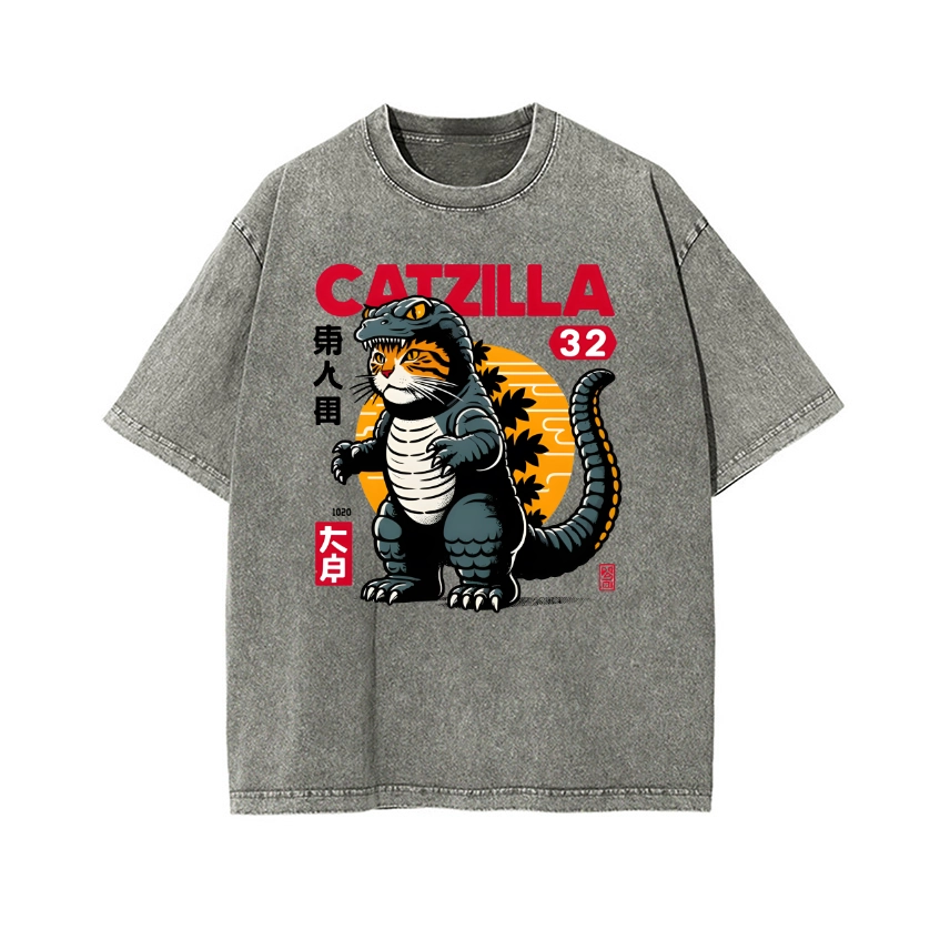 CAT KAIJU VINTAGE WASH JAPANESE DESIGN T-SHIRT 
