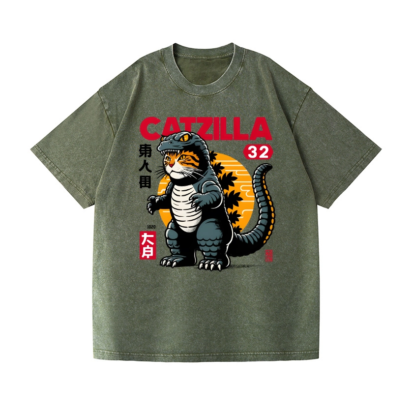 CAT KAIJU VINTAGE WASH JAPANESE DESIGN T-SHIRT 