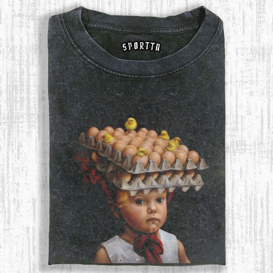 CHILD WITH EGG CARTONS AND CHICKS ON HEAD TEE