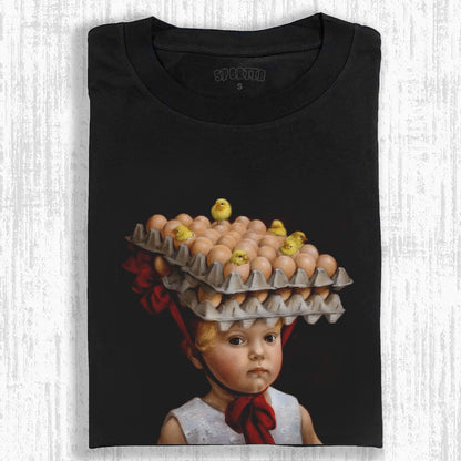 CHILD WITH EGG CARTONS AND CHICKS ON HEAD TEE