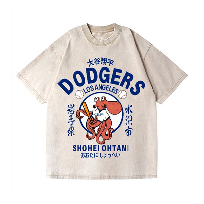 DODGERS OCTOPUS BASEBALL 17 VINTAGE WASH JAPANESE DESIGN T-SHIRT 