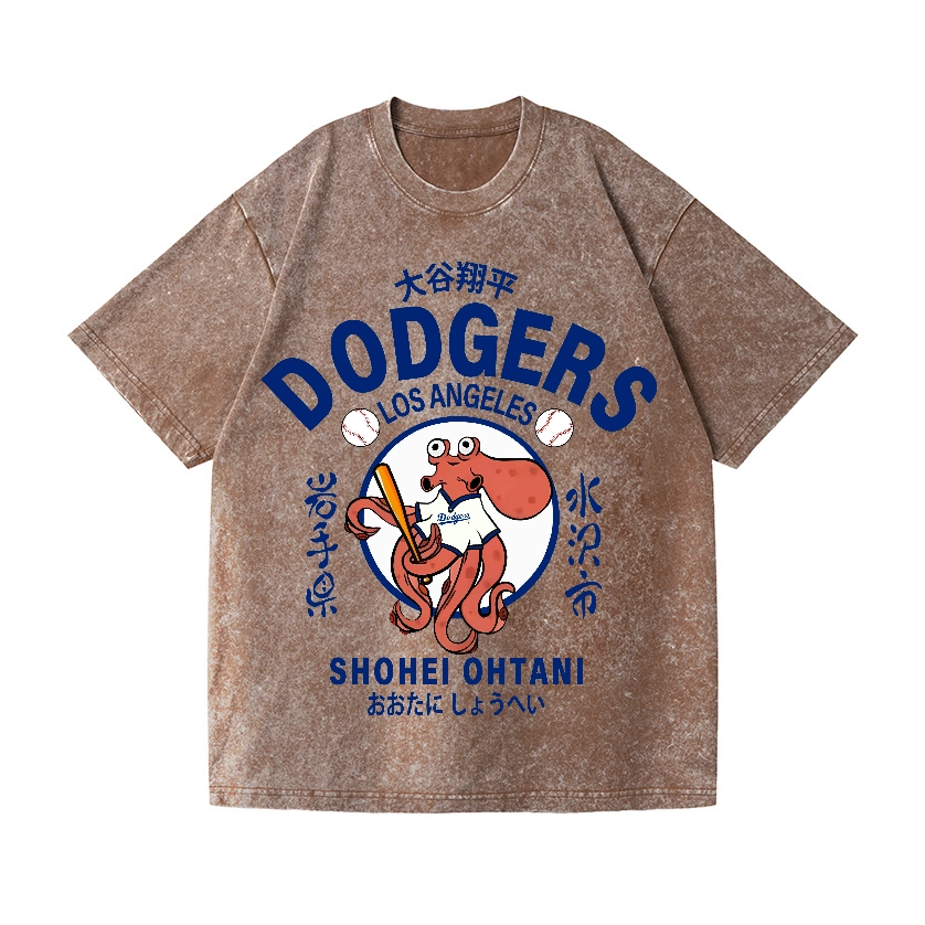 DODGERS OCTOPUS BASEBALL 17 VINTAGE WASH JAPANESE DESIGN T-SHIRT 