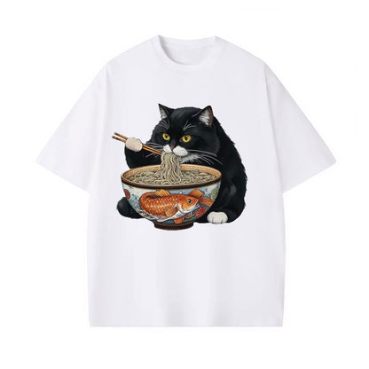 FAT CAT EATING RAMEN WASHED T-SHIRT 