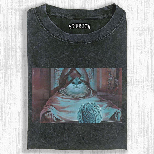 FUNNY T - SHIRT WITH ADORABLE CAT AS MYSTERIOUS ELDER AND YARN BALL