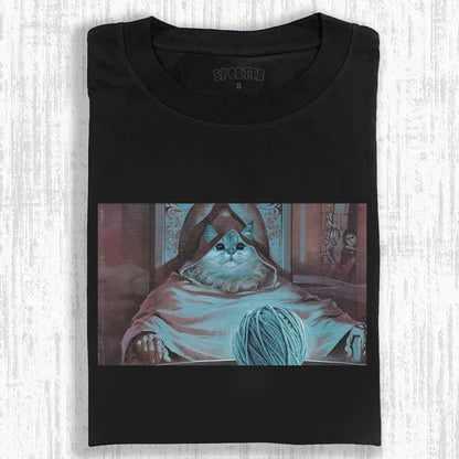 FUNNY T - SHIRT WITH ADORABLE CAT AS MYSTERIOUS ELDER AND YARN BALL