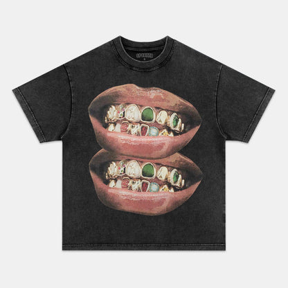 GOLD &amp; JADE UNIQUE GRILLS LIP PRINT TEE
