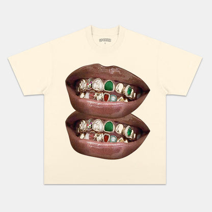 GOLD &amp; JADE UNIQUE GRILLS LIP PRINT TEE