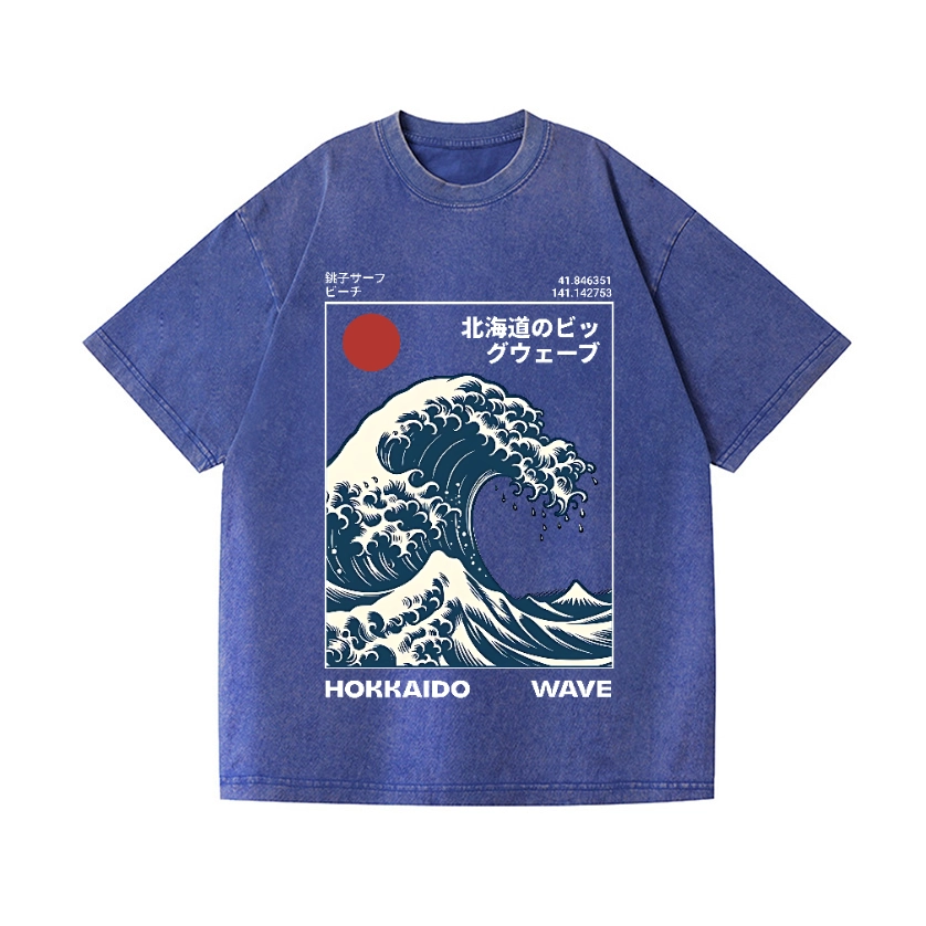 HOKKAIDO WAVE UKIYOE VINTAGE WASH JAPANESE DESIGN T-SHIRT 