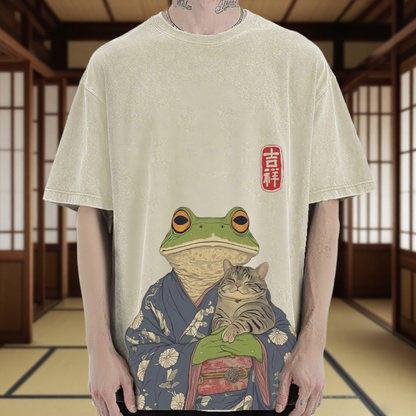 FROG CAT VINTAGE WASH JAPANESE DESIGN T-SHIRT 