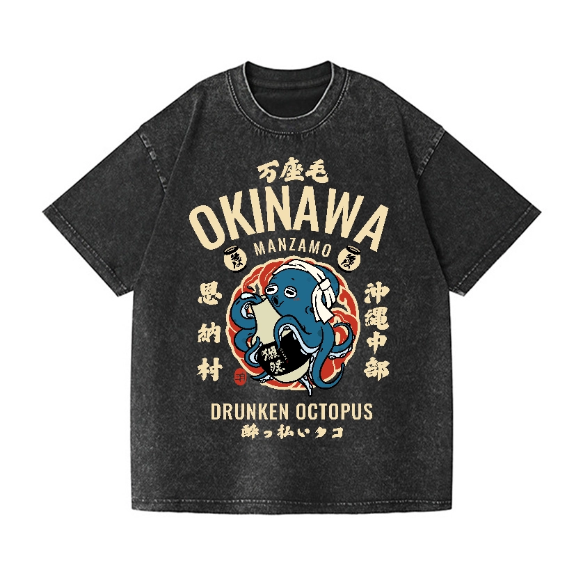 OKINAWA MANZAMO DRUNKEN OCTOPUS VINTAGE WASH JAPANESE DESIGN T-SHIRT 