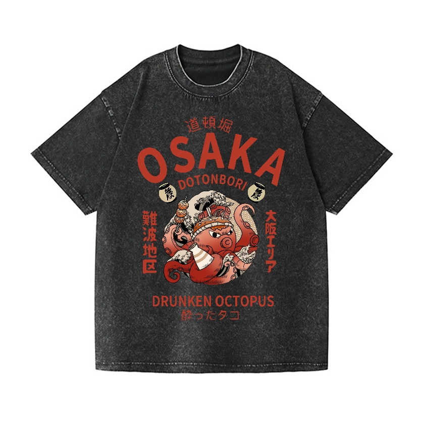 OSAKA DOTONBORI DRUNKEN OCTOPUS VINTAGE WASH JAPANESE DESIGN T-SHIRT 