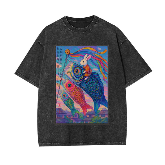 UKIYOE RABBIT RIDE CARP STREAMER POSTER WASHED T-SHIRT 