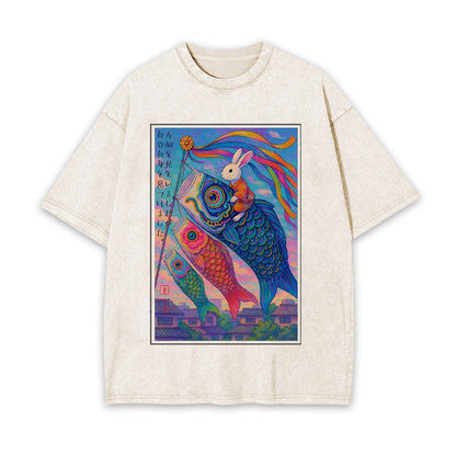 UKIYOE RABBIT RIDE CARP STREAMER POSTER WASHED T-SHIRT 