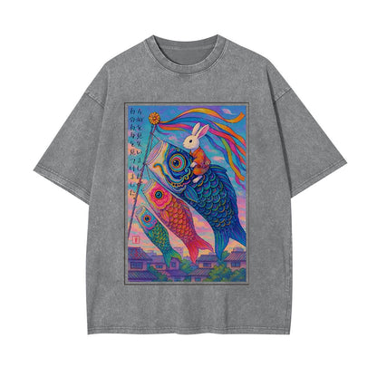 UKIYOE RABBIT RIDE CARP STREAMER POSTER WASHED T-SHIRT 