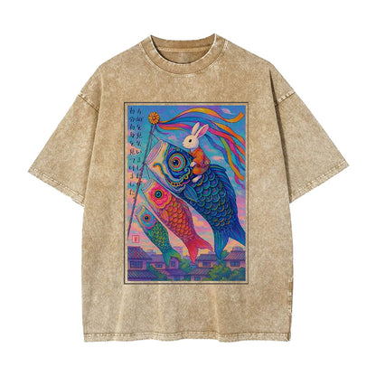 UKIYOE RABBIT RIDE CARP STREAMER POSTER WASHED T-SHIRT 