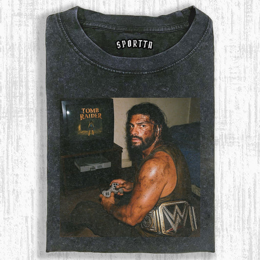 VINTAGE - STYLE WWE CHAMPION PLAYING TOMB RAIDER THEMED T-SHIRT