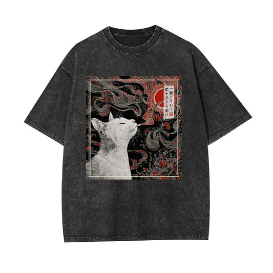 VINTAGE JAPANESE SMOKING CAT WASHED T-SHIRT 