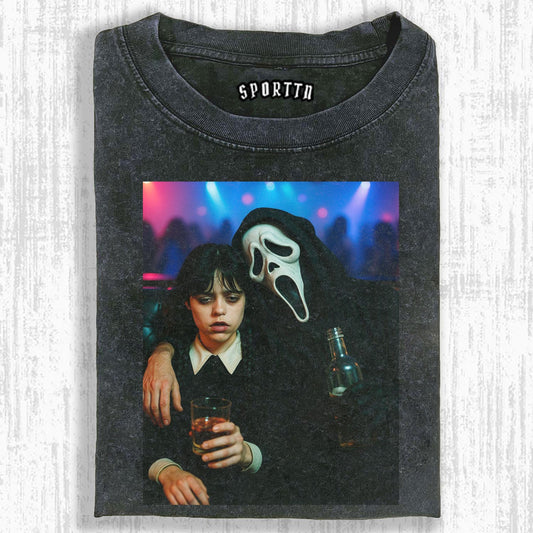 WEDNESDAY AND SCREAM CHARACTERS RETRO - STYLE T-SHIRT