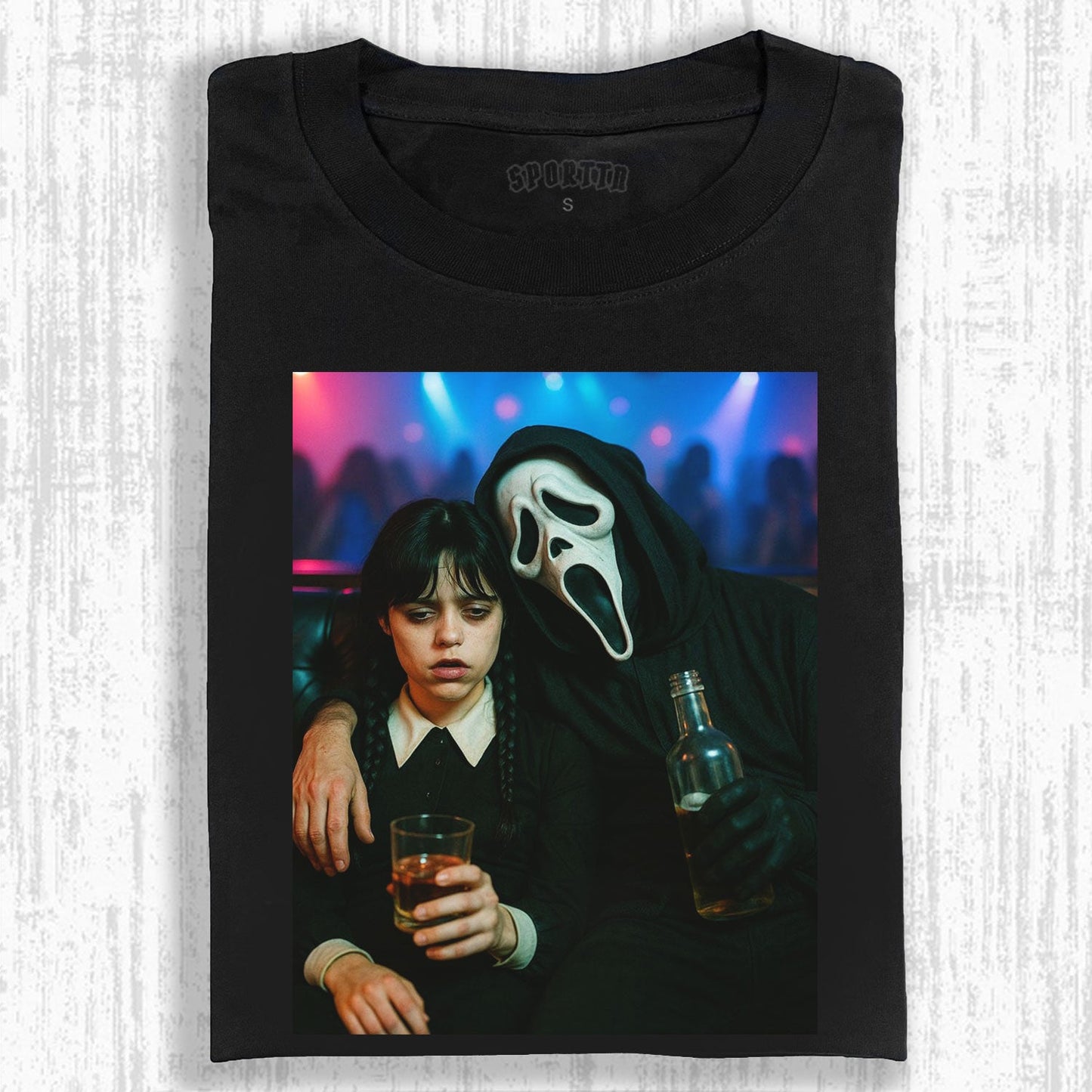 WEDNESDAY AND SCREAM CHARACTERS RETRO - STYLE T-SHIRT