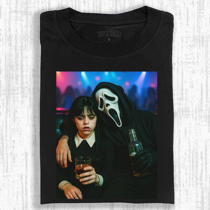 WEDNESDAY AND SCREAM CHARACTERS RETRO - STYLE T-SHIRT