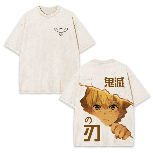 ZENITSU DEMON SLAYER ANIME UNISEX WASHED T-SHIRT -[DS]