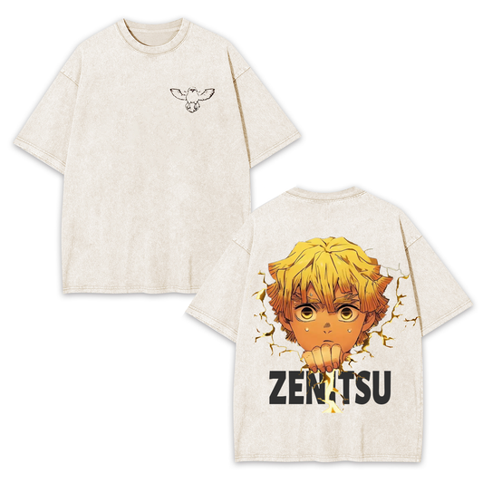 ZENITSU DEMON SLAYER ANIME UNISEX WASHED T-SHIRT-[DS]