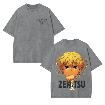 ZENITSU DEMON SLAYER ANIME UNISEX WASHED T-SHIRT-[DS]