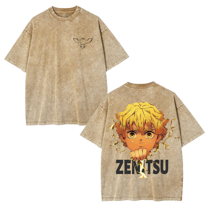 ZENITSU DEMON SLAYER ANIME UNISEX WASHED T-SHIRT-[DS]