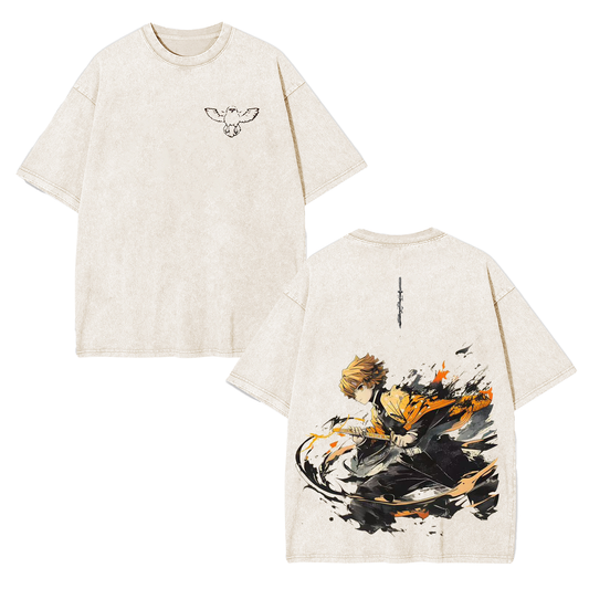 ZENITSU DEMON SLAYER ANIME UNISEX WASHED T-SHIRT-[DS]