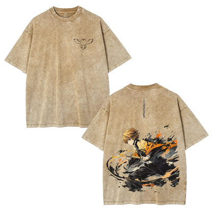 ZENITSU DEMON SLAYER ANIME UNISEX WASHED T-SHIRT-[DS]